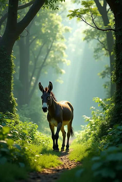 a wild donkey walking on a jungle, between a green road full of grass and green