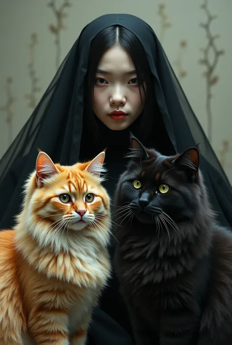 a woman has an asian face ,  with white skin , wearing a black veil ,  walks next to two giant persian cats ,  two much larger t...