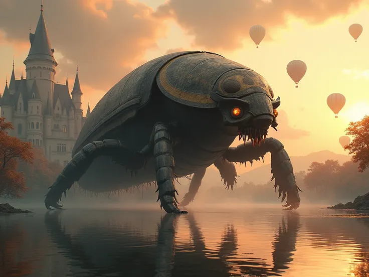 a giant beetle floating on a small island in a lake, with a castle in the background and hot air balloons in the sky at sunset, ...