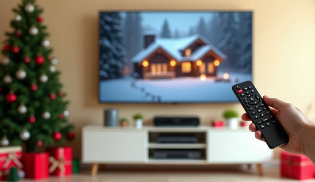 The layout includes a large flat-screen TV mounted on a beige wall, displaying a picturesque winter scene of a snow-covered ho...
