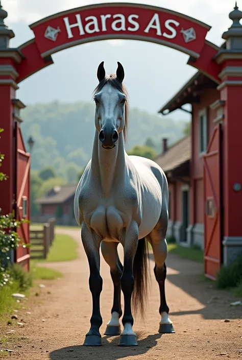  a tordillo royal horse in front of a farm with the red logo written on it "HARAS AS " At the front gate of the Haras . The site...