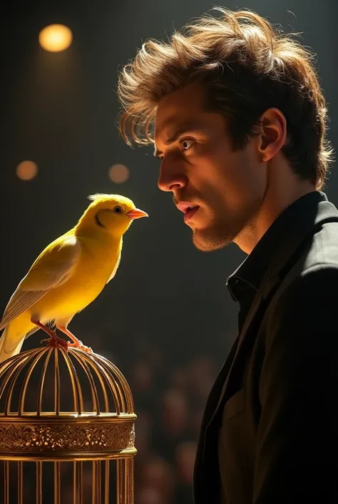 Create realistic Singer and a canary bird looking at each other in a concert