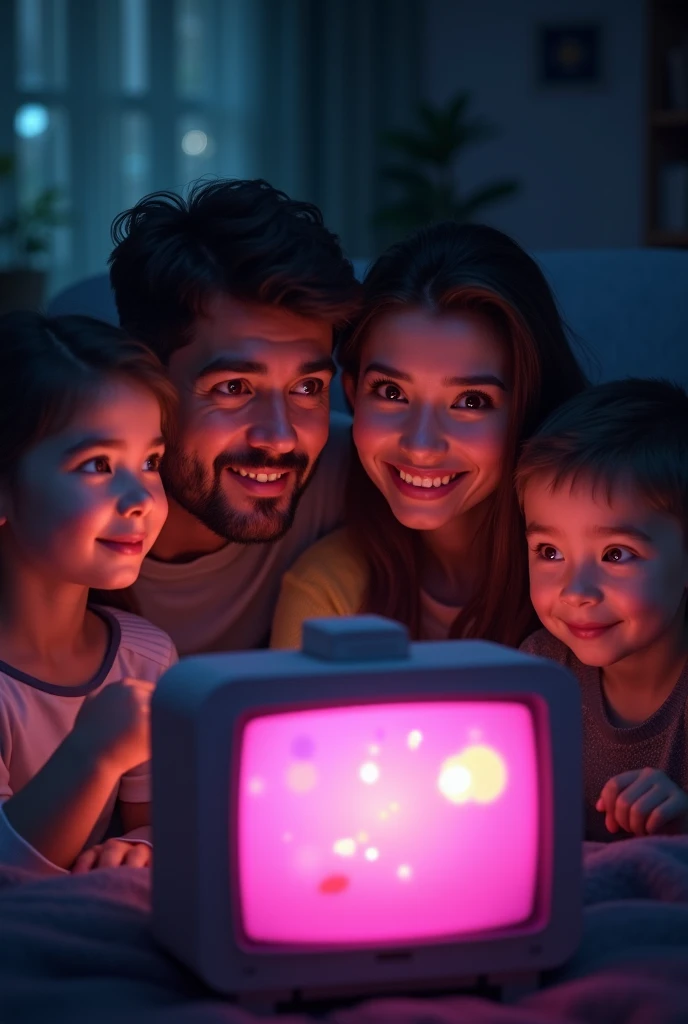 ( Close-up of the family turning on the television. Their faces light up in color ).
