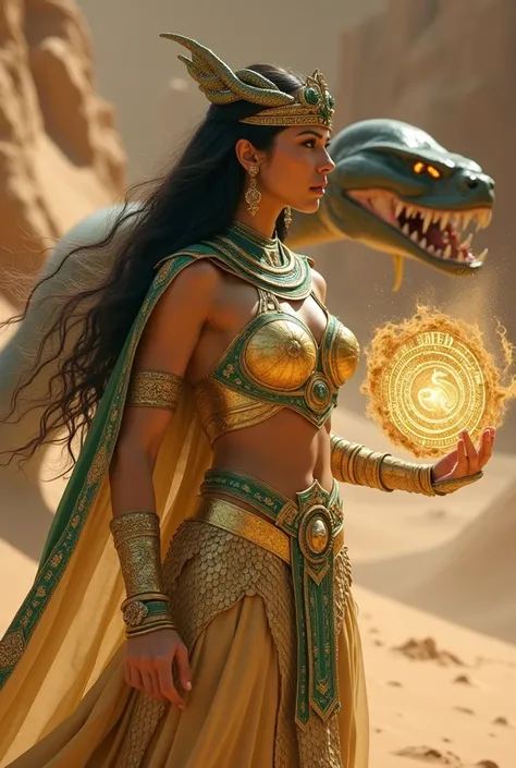 cleopatra in a mortal kombat outfit. golden armor with emerald green details, scaled cape and a tiara with live snakes. she will...