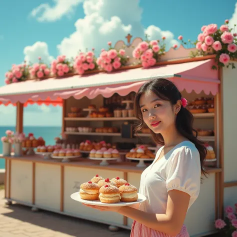 a vintage-style food stall decorated with charming pink flowers, offering a variety of delicious pastries. in the foreground, a ...