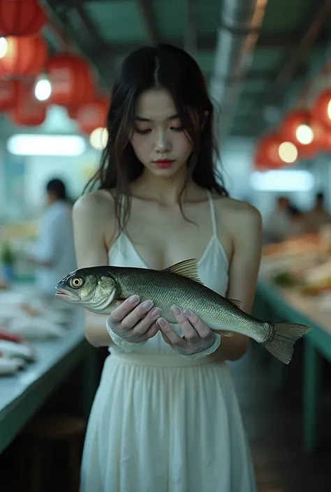 A woman wearing white short latex gloves is stroking a fish，woman pale skin ， fish struggling in hand ，Fish market 