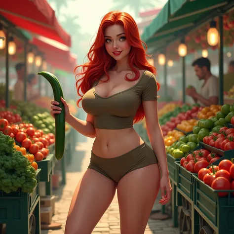 a girl with red long hair while squatting big busty chubby wears a thin tight t-shirt, tight shorts .holding a long cucumber in ...