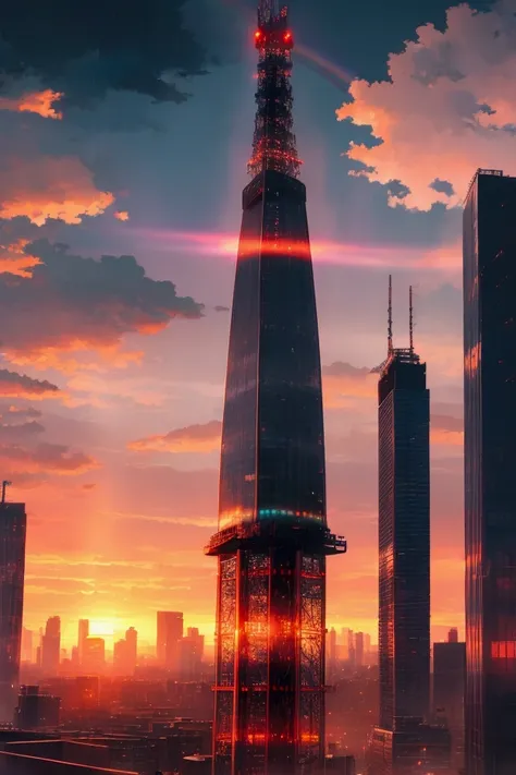 sunset, weather rain, clouds, rainbow rain, city of tokyo, steel tower, makoto shinkai style