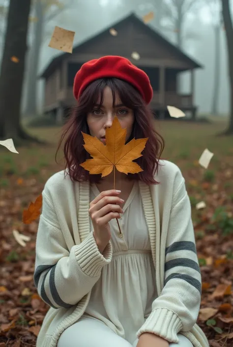 a young cypriot woman with messy burgundy hair, wear bright red newsboy cap, and white granny vintage dress and  white cardigan ...