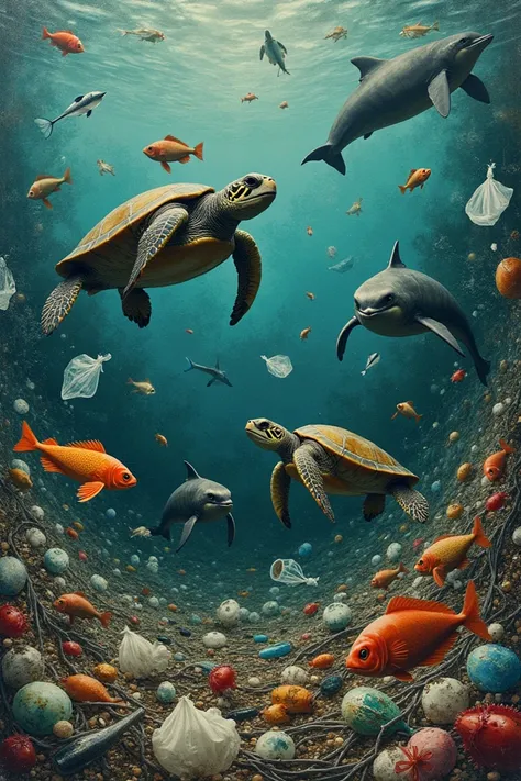 collage picture of sea animals trapped in plastic