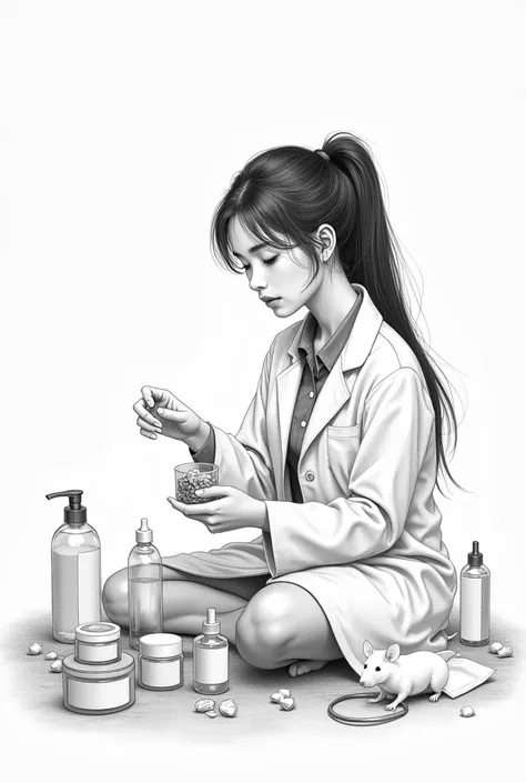 you can create a pencil-like image for me with a realistic black-haired girl in a lab coat sitting or lying on the floor mixing ...