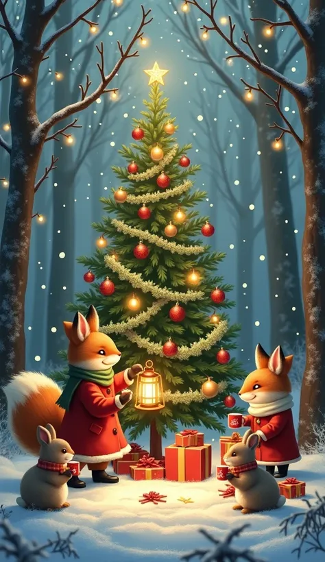"A magical and festive Christmas scene in a snowy forest. Anthropomorphic animals, such as foxes, squirrels, rabbits, and hedgeh...