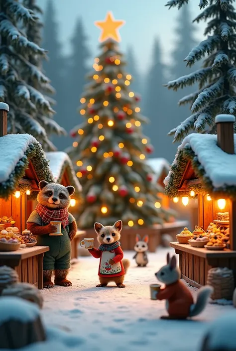 "A hyper-realistic Christmas market nestled in a snowy woodland clearing. Tiny wooden stalls, intricately decorated with lights,...