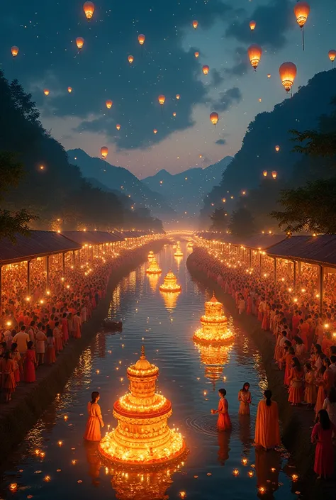 yipeng festival in northern thailand. bright lanterns full of sky, buoyant full of river, people are happy