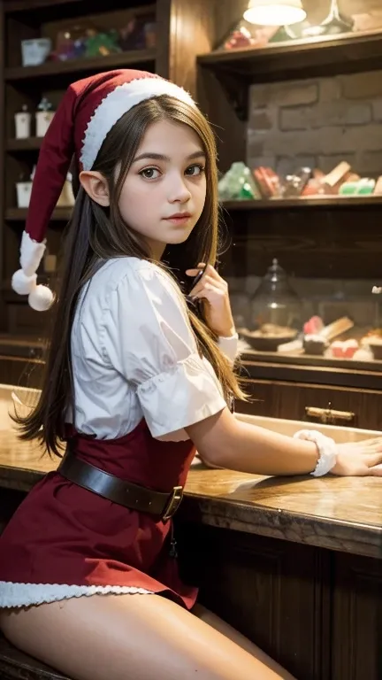 a beautiful thirteen-year-old girl ,  with a face with soft european features ,  dressed as an elf ,   sitting on top of a magic...