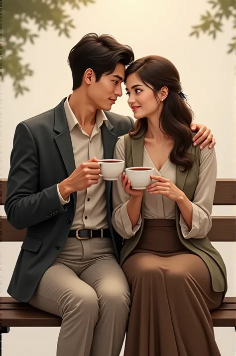 arafed couple sitting on a bench with a cup of tea, full length portrait, couple portrait, portrait, couple portrait, lovely cou...