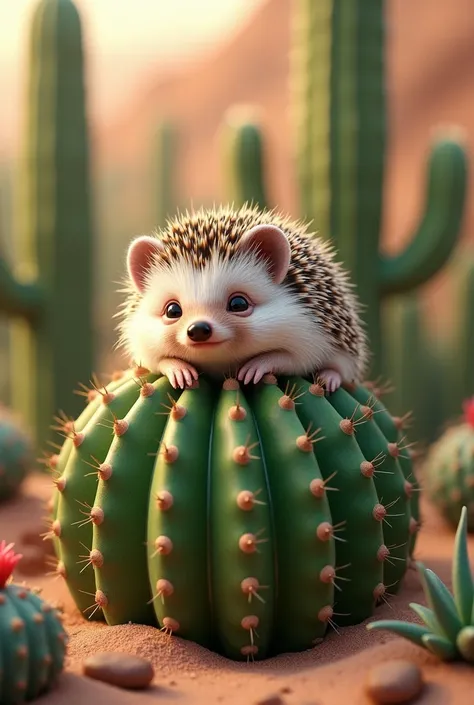 super cute and tiny hedgehog lying on a very comfortable cactus