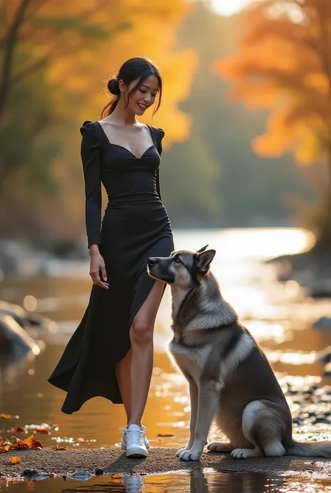 beautiful japanese woman and big dog walking on the riverbed in autumn、a diligent smile、just like shiraishi aso 、2024 fall trend...