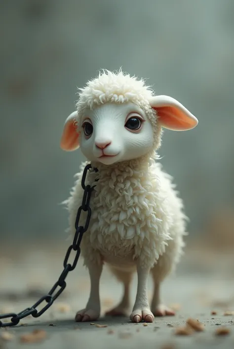 sad little white sheep with a chained back leg