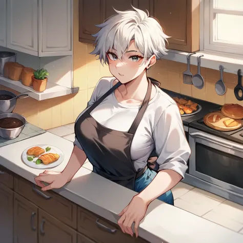 a mature tomboy with white hair that go to her shoulders and gray eyes. she smiles from ear to ear as she is in the kitchen, mak...