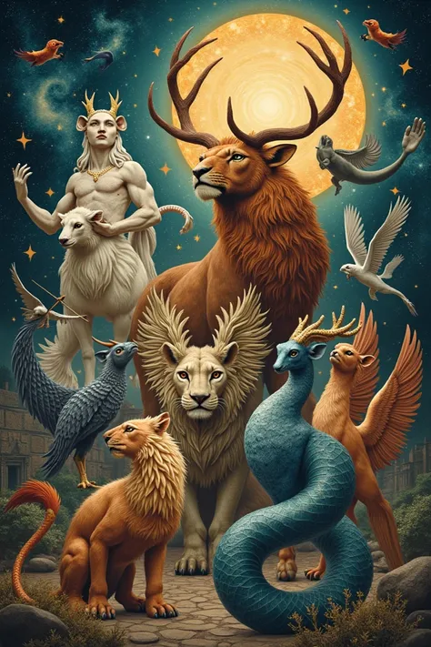 create all the characters of the signs with fusion with mythological animals