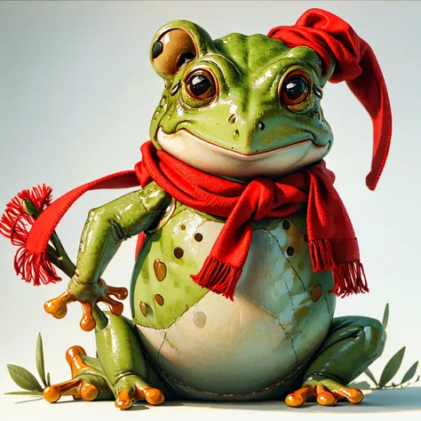 a frog in a red scarf with a mischievous expression