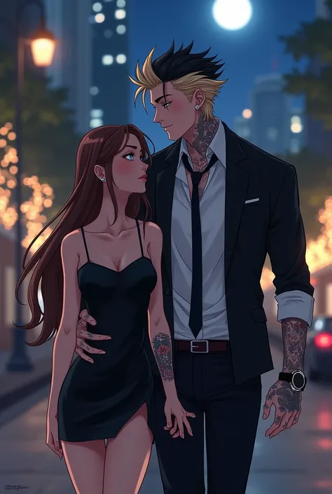 one slender anime style man, one slender anime style woman, man has grey blue eyes, medium length hair, hair spiked and floppy, ...