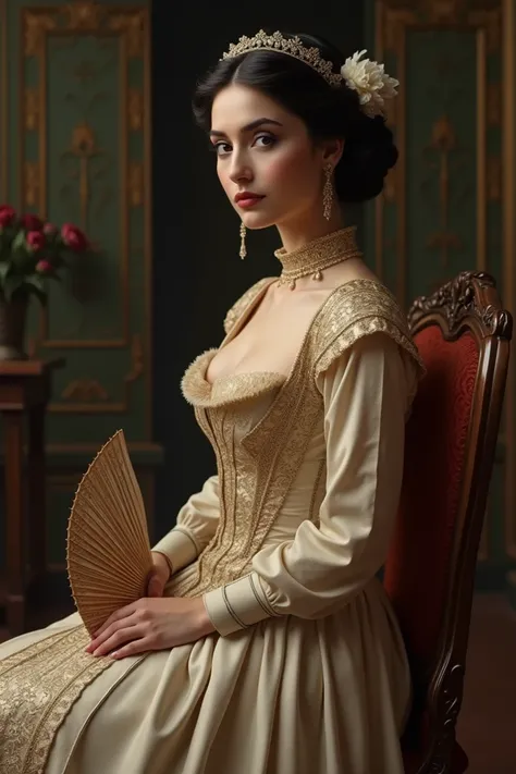 image of an elegant woman sitting with long  , corset dresses with a high collar and a fan in her hand in the uruguayan era of t...