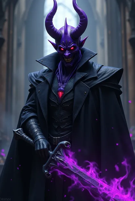 a purple and black villain who looks like a demon and wears a devil mask and who has a black sword with purple flames with a mas...