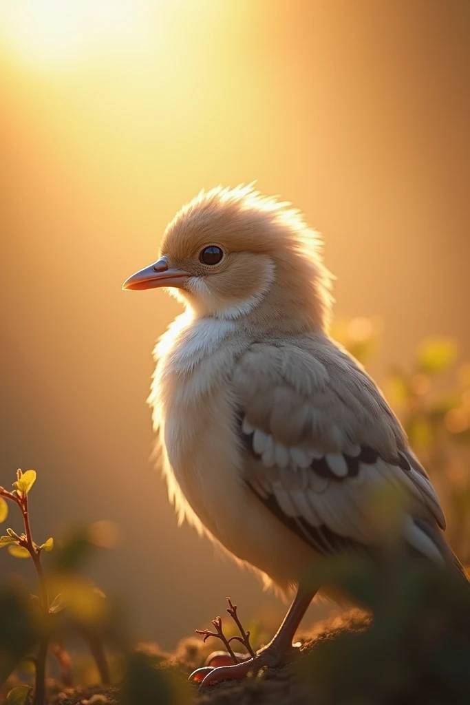  A mesmerizing close-up portrait of a beautiful little bird illuminated by the soft golden light of a quiet morning, with vibran...