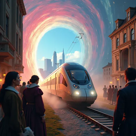 (view 3 /4),  we see a modern train passing through the energetic portal (  a huge swirl of energy paving the way from the futur...