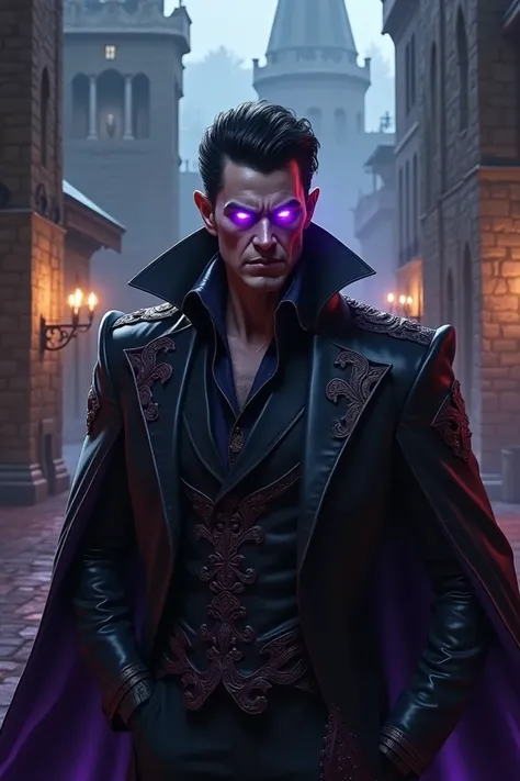 villainous man with slicked-back, black hair and glowing purple eyes. medieval background.