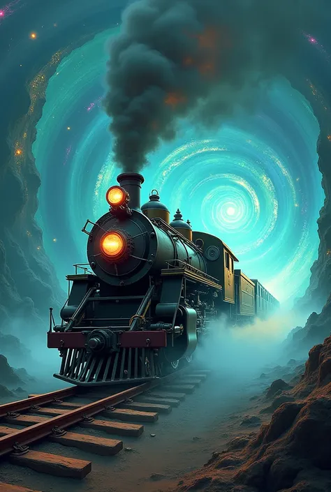 train running through time space a vintage steam train moving forward from a blue light green spiral mysterious light swirls (cl...