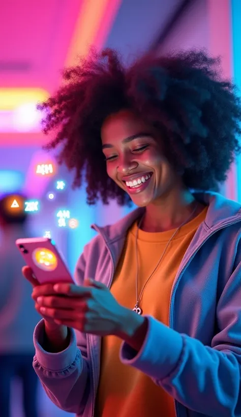 "A cheerful person smiling brightly, holding a smartphone, with a colorful Instagram interface in the background. The interface ...