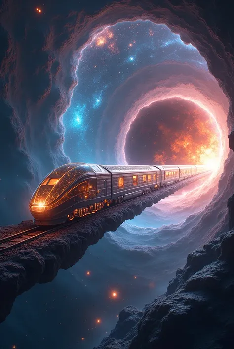 (a time-traveling train made of crystal, traveling through a wormhole, with automated factories:1.2), in a stunning cosmic scene...