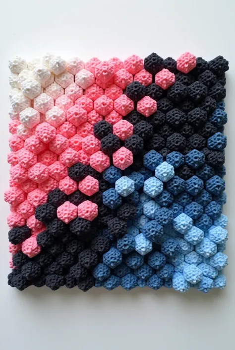 create a stich on a 28cm x 28cm board with black, pink and light blue cubes.