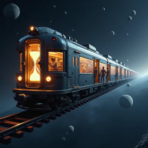 time-traveling train, hourglass, clock. depicting a time train traveling in outer space, surrounded by the vast universe and flo...