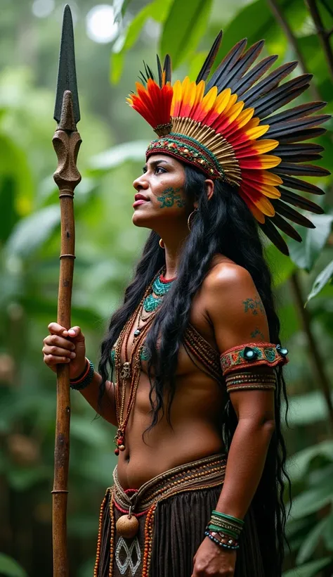 a guarany warrior woman from the amazon rainforest, depicted as the leader of a proud and strong tribe. she stands in a lush gre...