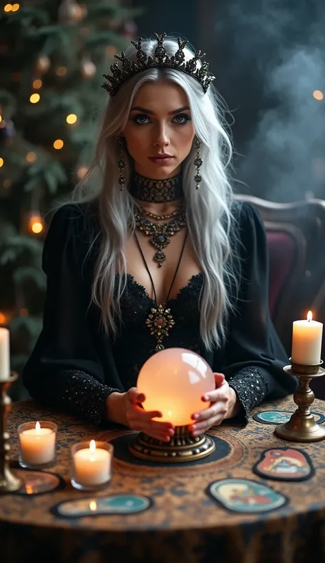 a mystical seer seated at a table decorated with tarot cards and a shiny crystal ball.  she has long, silver hair ,  wears an el...