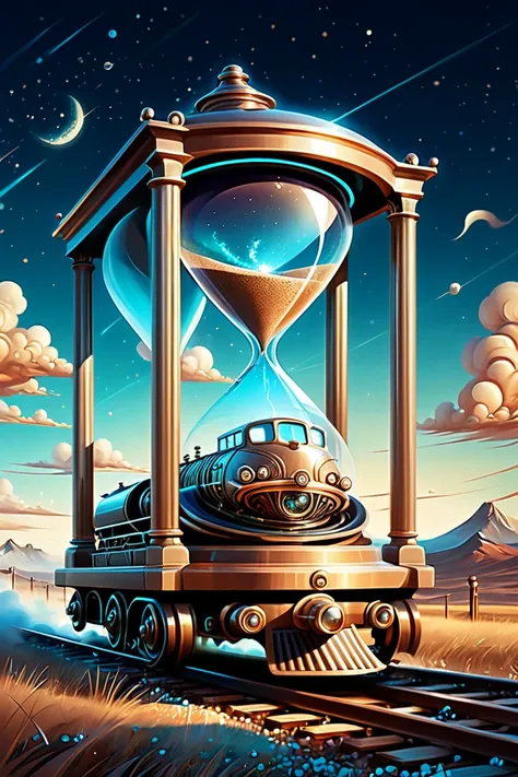 time-traveling train, time machine, hourglass, clock, by cyril rolando.
best quality, masterpiece, intricate details, ultra-deta...