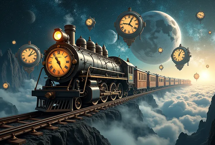 outer space :1.5, rail of light, 時計をモチーフにした列車が outer space を走る, background with lots of distorted clocks floating ,  scenes from...