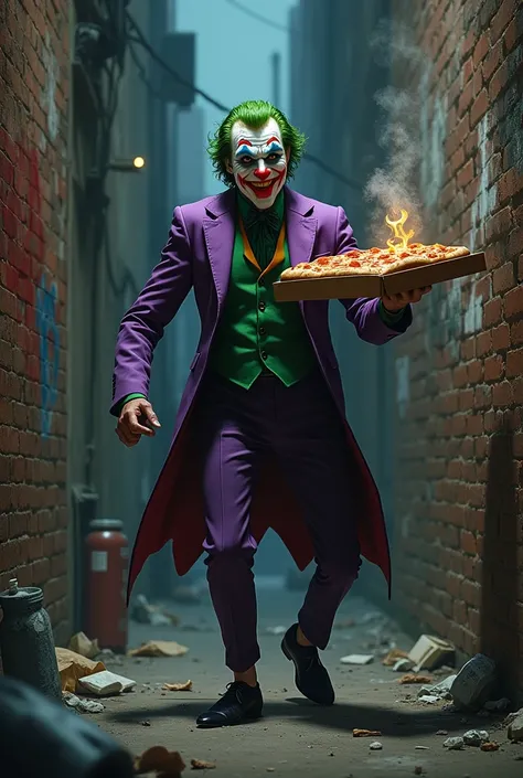 Create an image of the Joker delivering pizza