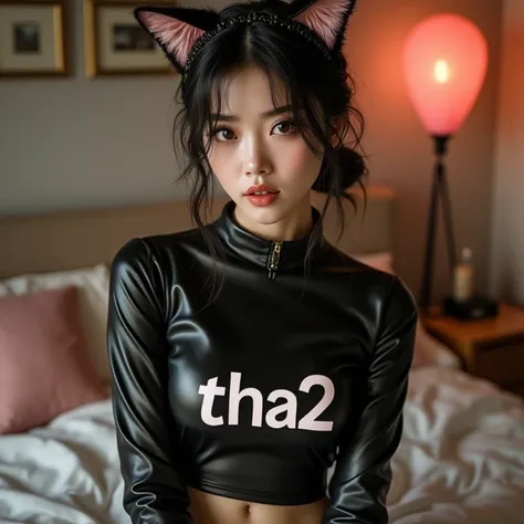 sexy korean pretty girl wearing a leather shirt whose shirt says tha2
bedroom background, hair ribbon, animal ears, cat ears,