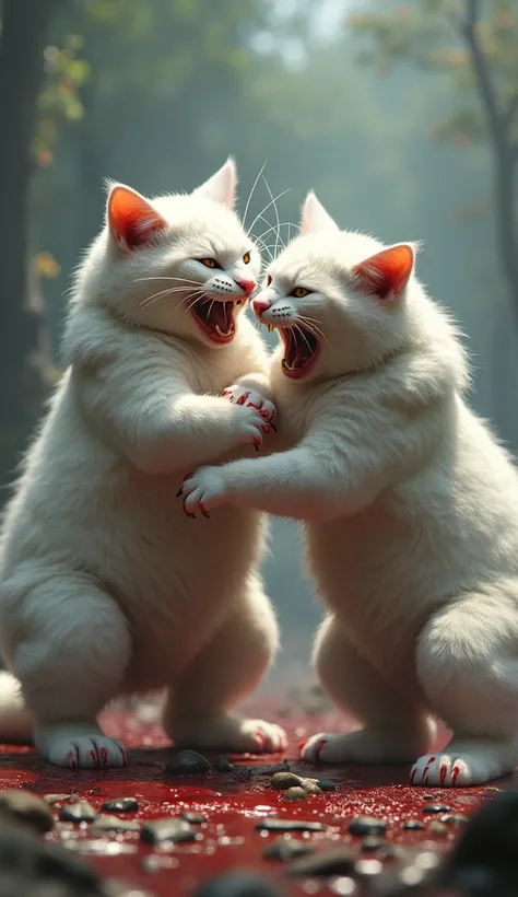 two white big fat cats are fighting a lot in www game. their bodies are bloody. they are laughing angrily.