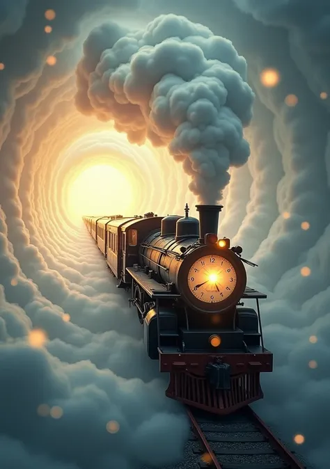 the the image shows a steam train moving at high speed through a tunnel of luminous clouds,  that evoke a surreal and magical at...