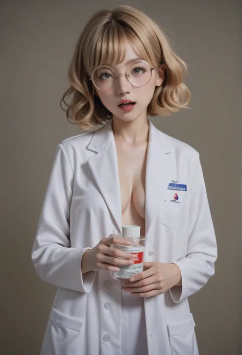 a young female scientist from the uk, clarisse evans, with wavy blonde bob-cut hair and round glasses. her slightly messy white ...