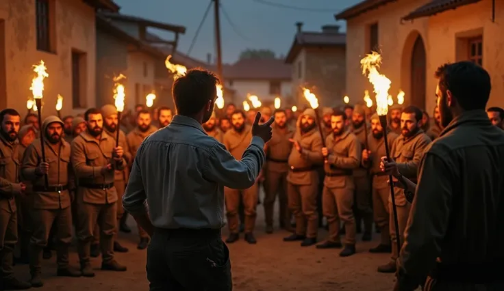 un homme faisant un grand discour face à une petite foule de villageois hongrois de 1810, angry, armé de fourches et des torches...