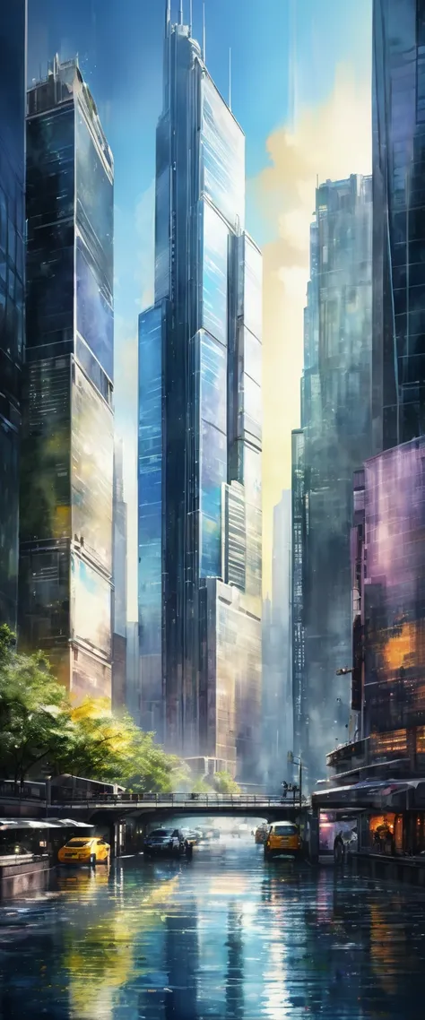 watercolor, blurry painting ,  water-based paint effects ,  skyscrapers, cyberpunk , sunny, delicate and dynamic textures ,  con...