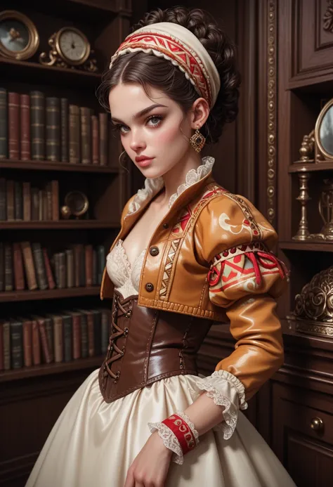 poised scholar with short coiled hair and a silk turban, wearing a brocade jacket with lace cuffs and glowing tribal motifs, ver...