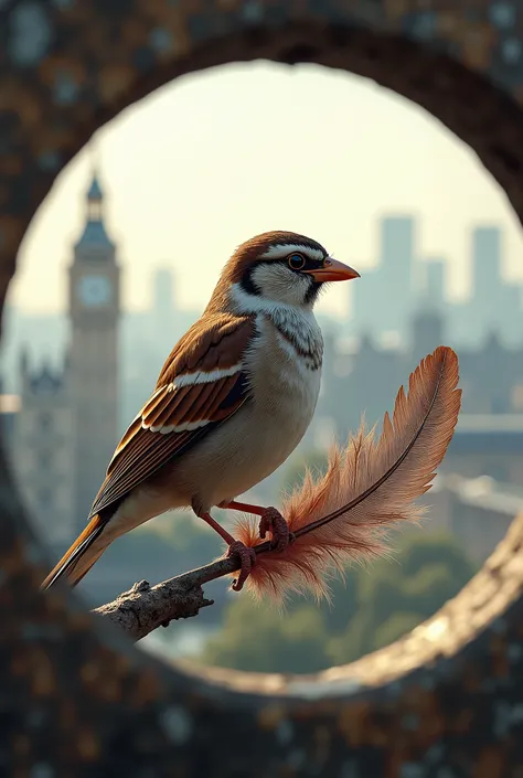 a circle containing a sparrow ,  holding a feather with its legs and london in the background.